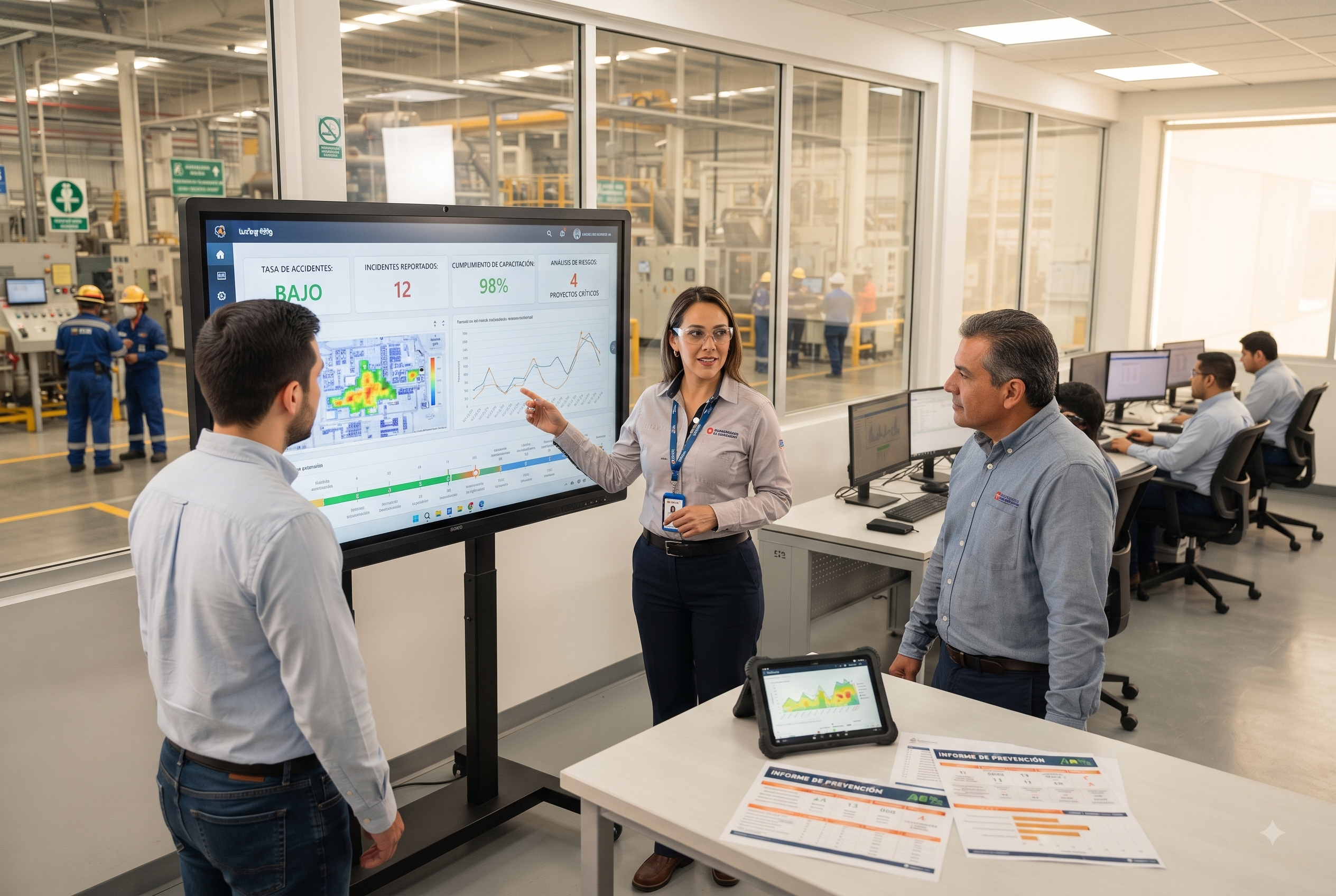 Equipo técnico analizando indicadores de seguridad industrial en una pantalla interactiva para la prevención de riesgos y accidentes laborales.