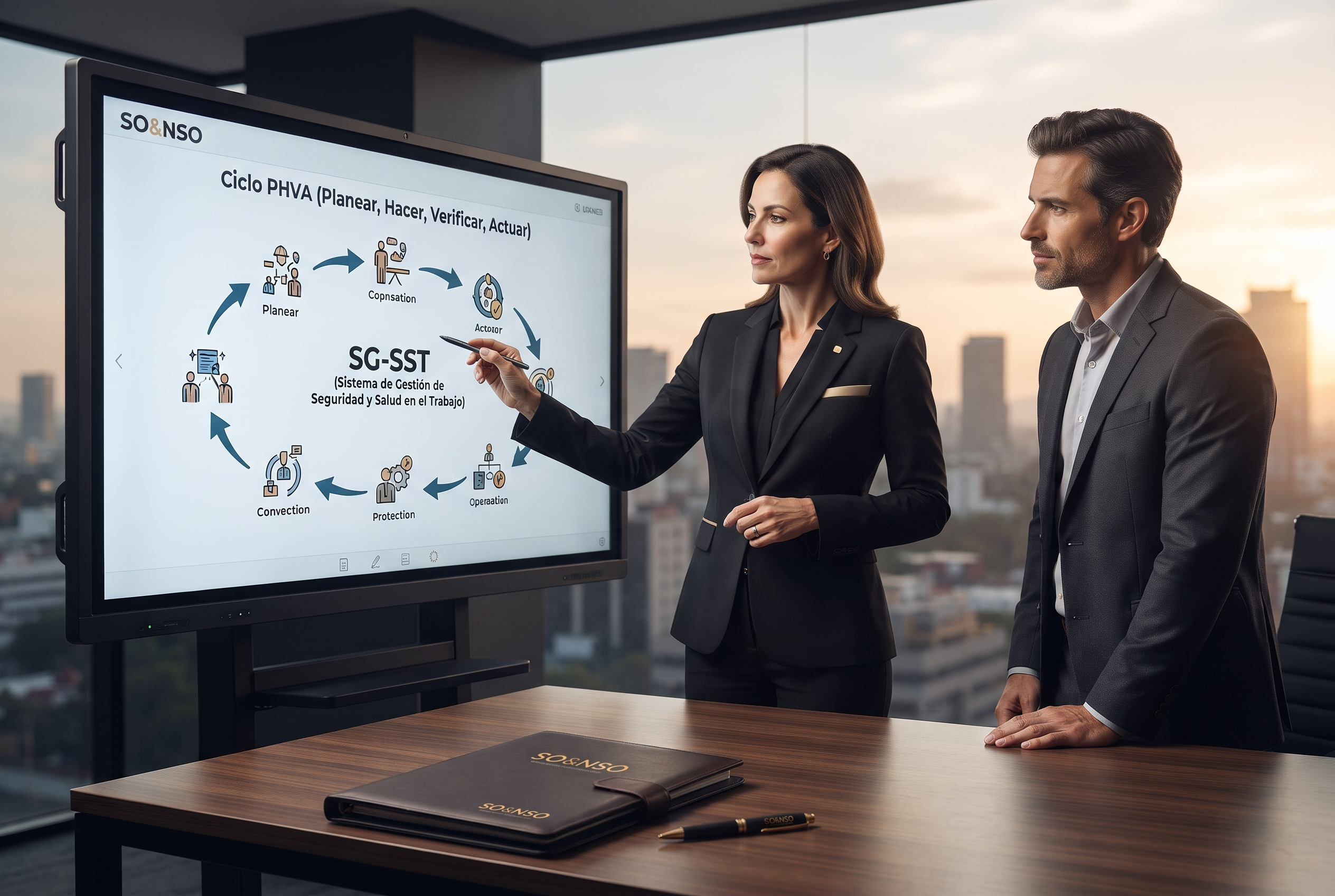Consultora de SO&NSO explicando el diagrama del Ciclo PHVA y SG-SST en pantalla interactiva a un gerente corporativo.