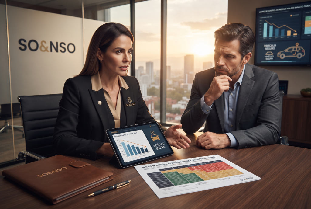 Consultores de SO&NSO en reunión de alto nivel revisando matriz de riesgos y gráficos financieros para la prevención de accidentes viales laborales