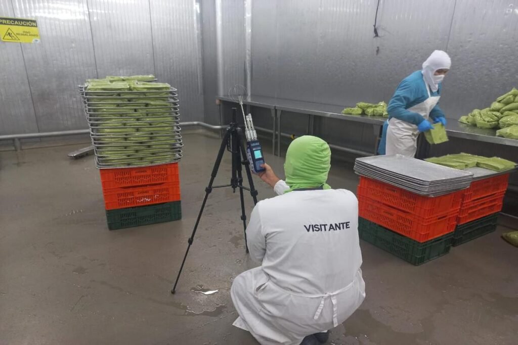 Consultor de SO&NSO realizando medición higiénica de estrés térmico por frío con equipo especializado en cuarto frío industrial en Colombia