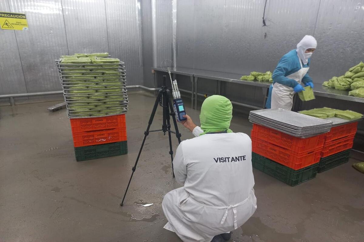 Consultor de SO&NSO realizando medición higiénica de estrés térmico por frío con equipo especializado en cuarto frío industrial en Colombia