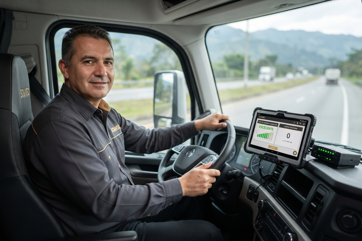 Conductor profesional en cabina de camión visualizando datos de telemetría para la seguridad vial empresarial en Colombia